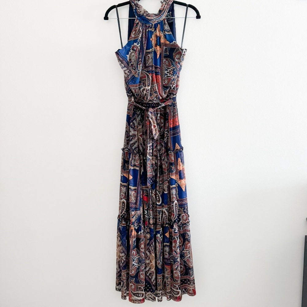 Boho Paisley Halter Maxi Dress in Navy and Rust